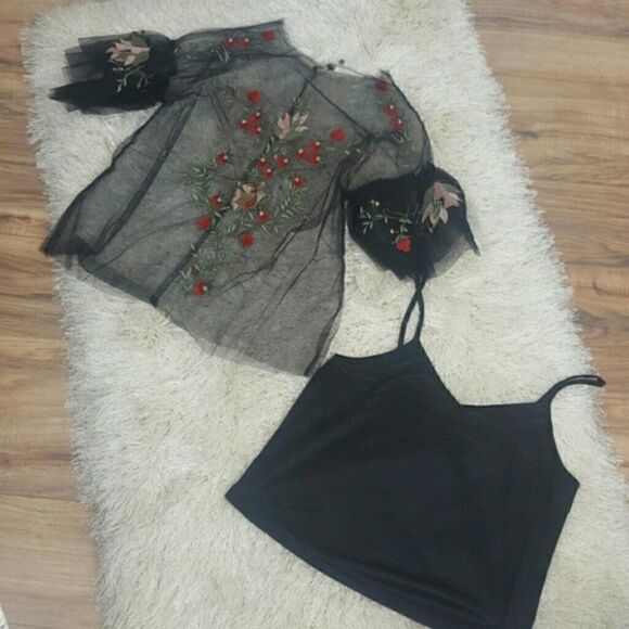 MISS LOVE Womens Embroidered Mesh Top Cami Removable Black Blouse Boho - Picture 6 of 6